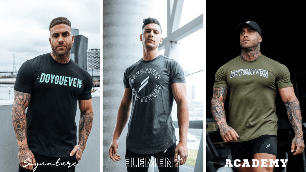 Doyoueven Mens T-shirts 3 male models pose wearing Doyoueven Mens Tshirts